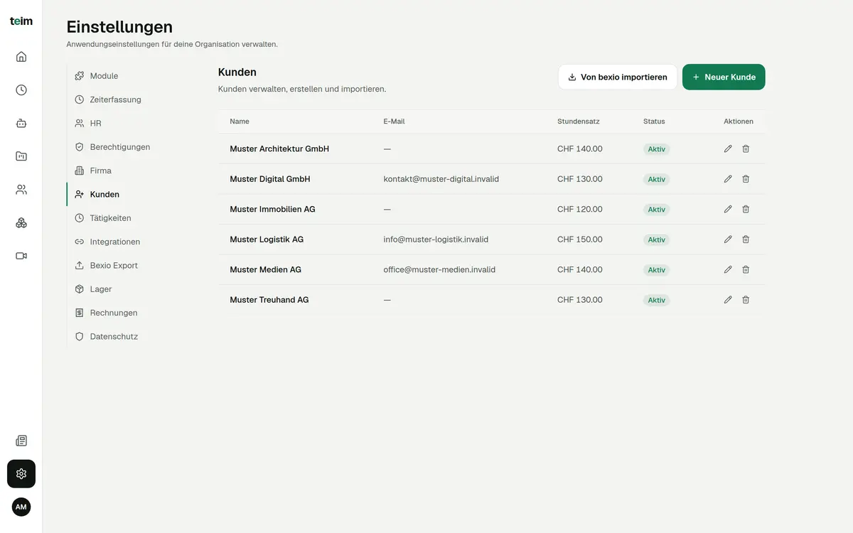 Paramètres de teim : liste des clients avec le bouton d’import depuis bexio et le menu « Bexio Export »