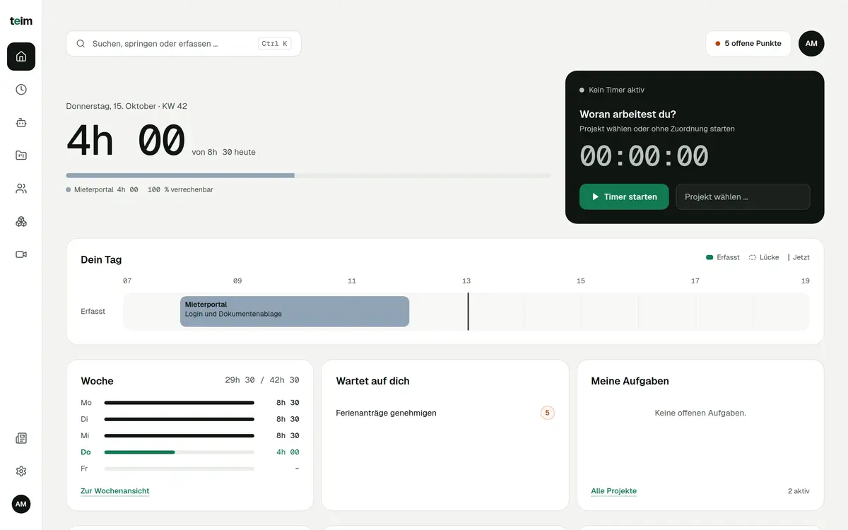 Ansicht «Heute» in der teim Web-App mit Timer und den Einträgen des Tages