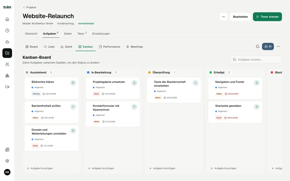 Kanban board in teim with five columns and task cards showing assignee and priority