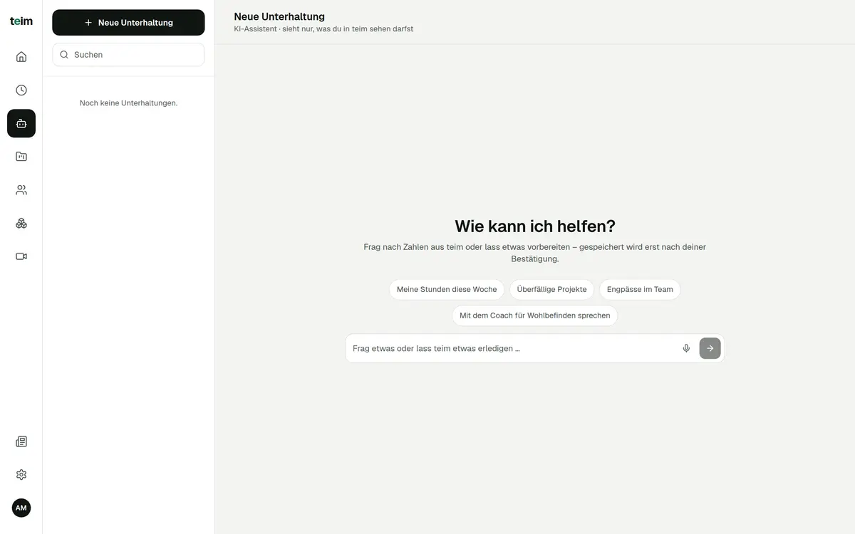 AI assistant in teim with an input field and suggestions such as hours this week, overdue projects and team bottlenecks