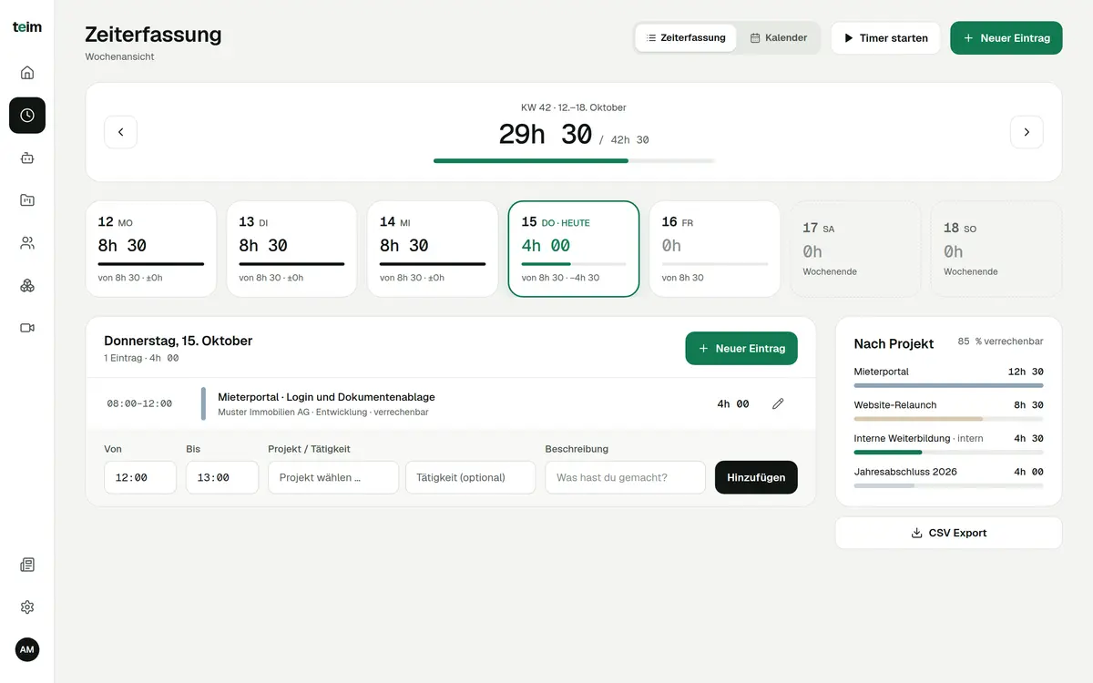 Weekly time tracking view in teim with daily balances, entries per project and weekly total