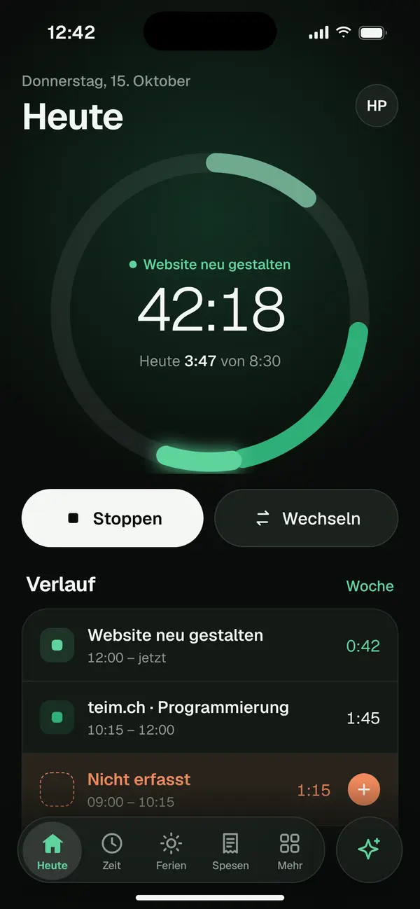 Today view with running timer