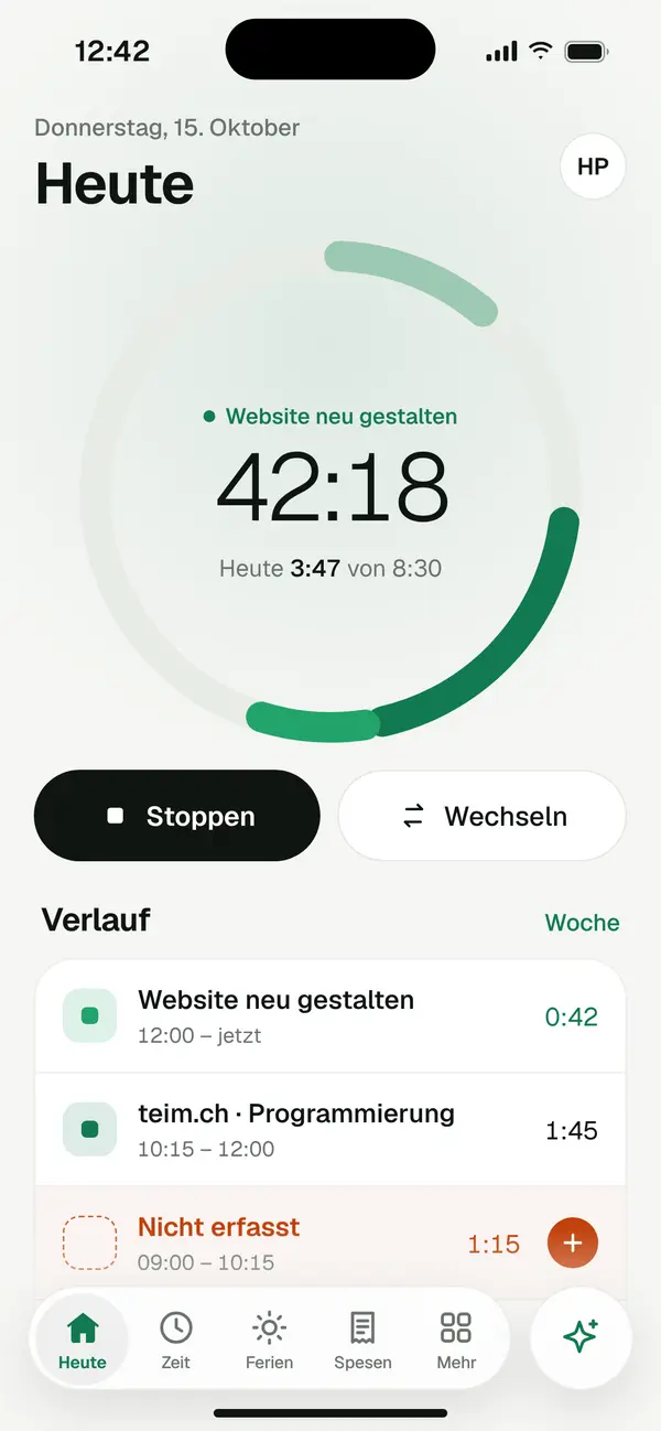 teim on iPhone: running timer with daily progress and history