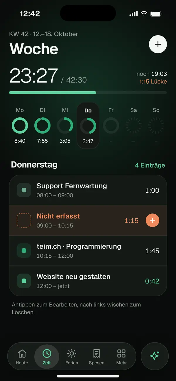 teim sur iPhone : vue hebdomadaire avec anneaux journaliers et entrées saisies